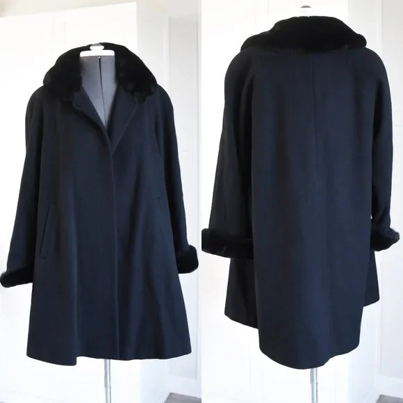 Vintage 80's Albert Nipon Black Coat, Faux Fur Trim, Wool Med Petite - Picture 1 of 6